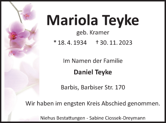 Traueranzeige von Mariola Teyke von Harz Kurier
