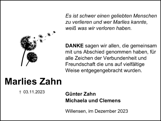Traueranzeige von Marlies Zahn von Harz Kurier