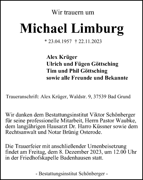 Traueranzeige von Michael Limburg von Harz Kurier