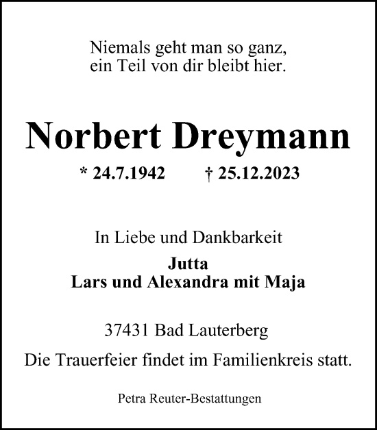 Traueranzeige von Norbert Dreymann von Harz Kurier