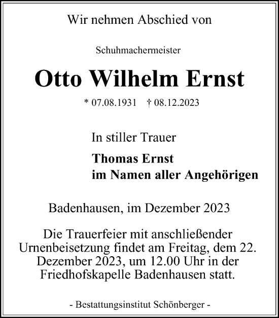 Traueranzeige von Otto Wilhelm Ernst von Harz Kurier