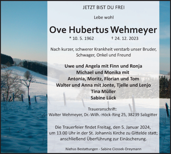 Traueranzeige von Ove Hubertus Wehmeyer von Harz Kurier