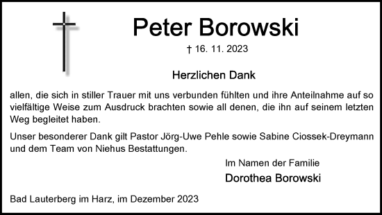 Traueranzeige von Peter Borowski von Harz Kurier