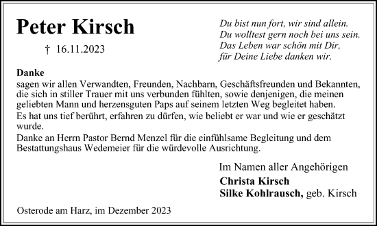 Traueranzeige von Peter Kirsch von Harz Kurier