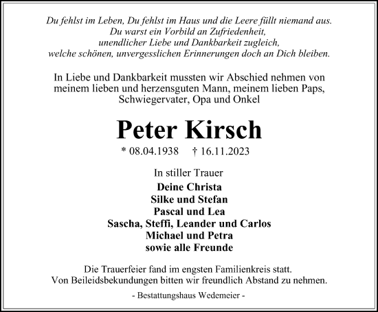 Traueranzeige von Peter Kirsch von Harz Kurier