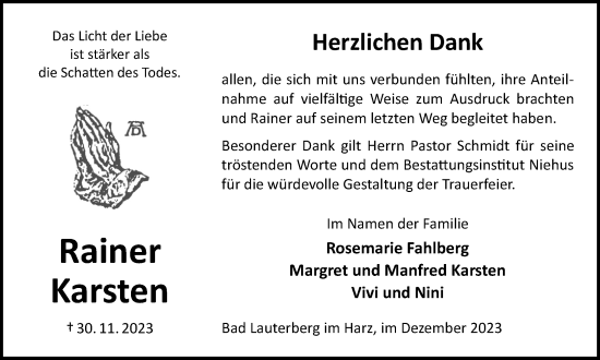 Traueranzeige von Rainer Karsten von Harz Kurier
