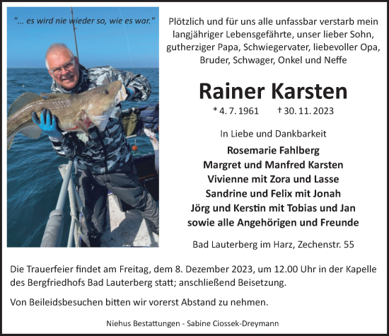 Traueranzeige von Rainer Karsten von Harz Kurier
