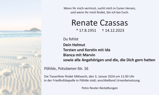 Traueranzeige von Renate Czassas von Harz Kurier
