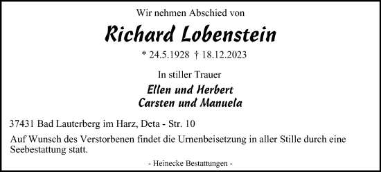 Traueranzeige von Richard Lobenstein von Harz Kurier