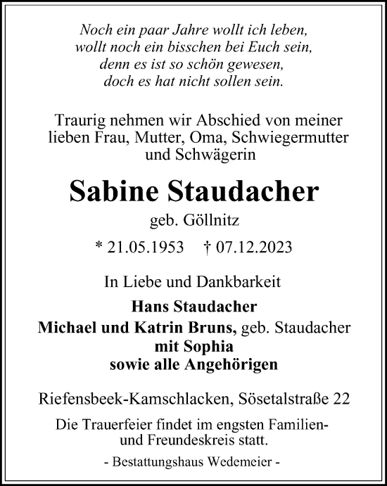 Traueranzeige von Sabine Staudacher von Harz Kurier