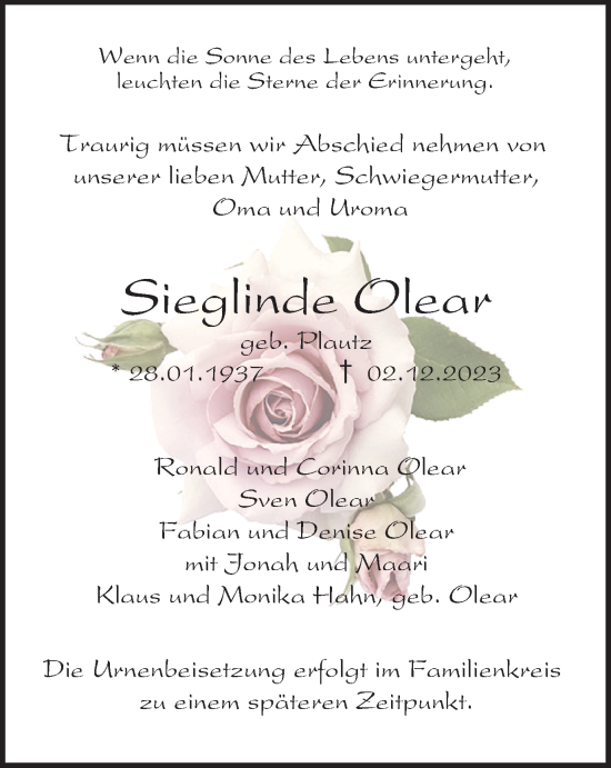 Traueranzeige von Sieglinde Olear von Harz Kurier