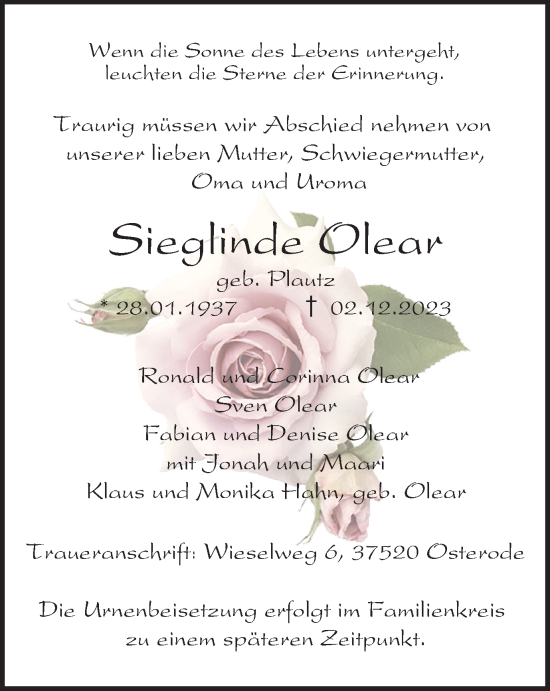 Traueranzeige von Sieglinde Olear von Harz Kurier
