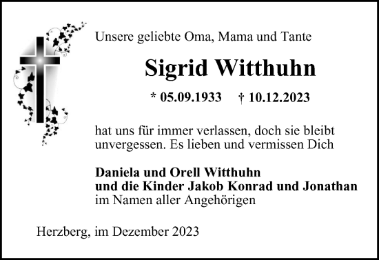 Traueranzeige von Sigrid Witthuhn von Harz Kurier