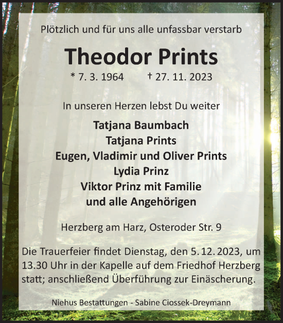 Traueranzeige von Theodor Prints von Harz Kurier