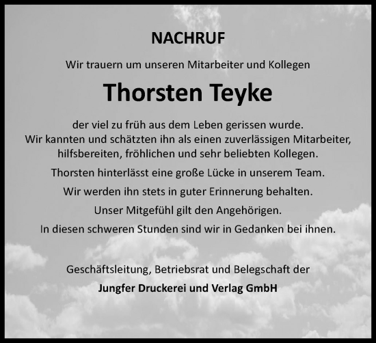 Traueranzeige von Thorsten Teyke von Harz Kurier