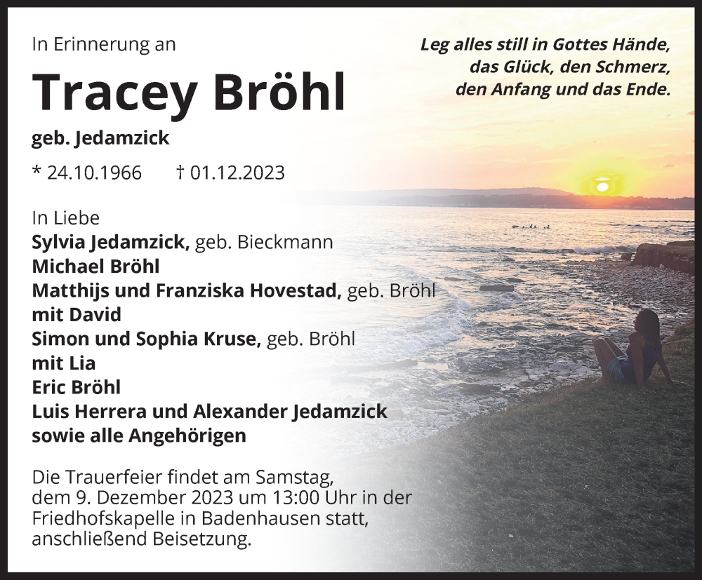  Traueranzeige für Tracey Bröhl vom 06.12.2023 aus Harz Kurier