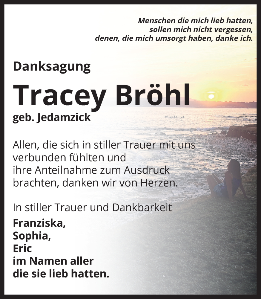  Traueranzeige für Tracey Bröhl vom 30.12.2023 aus Harz Kurier