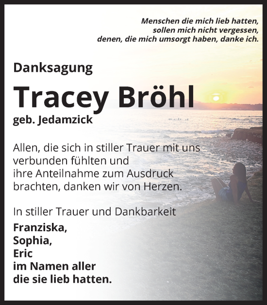 Traueranzeige von Tracey Bröhl von Harz Kurier