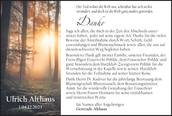 Traueranzeige von Ulrich Althaus von Harz Kurier