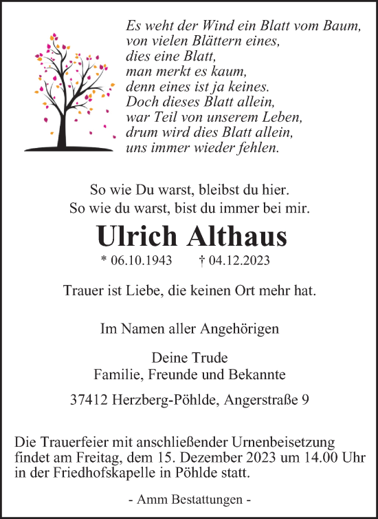 Traueranzeige von Ulrich Althaus von Harz Kurier