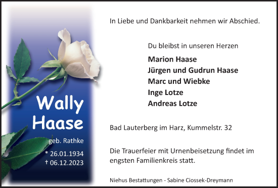 Traueranzeige von Wally Haase von Harz Kurier