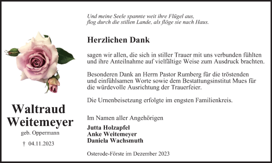 Traueranzeige von Waltraud Weitemeyer von Harz Kurier
