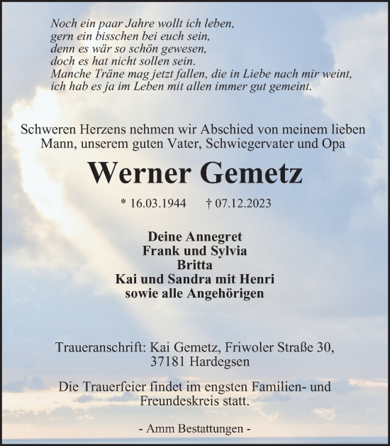 Traueranzeige von Werner Gemetz von Harz Kurier
