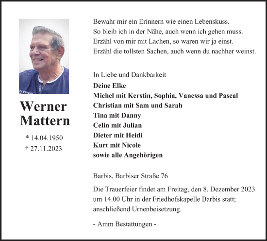 Traueranzeige von Werner Mattern von Harz Kurier