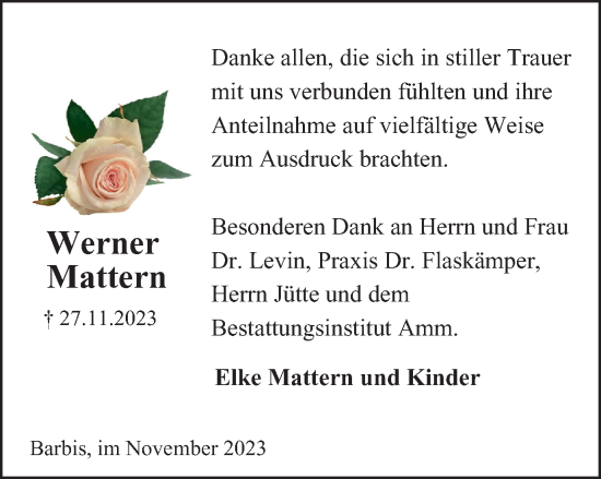 Traueranzeige von Werner Mattern von Harz Kurier
