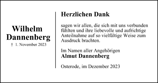 Traueranzeige von Wilhelm Dannenberg von Harz Kurier