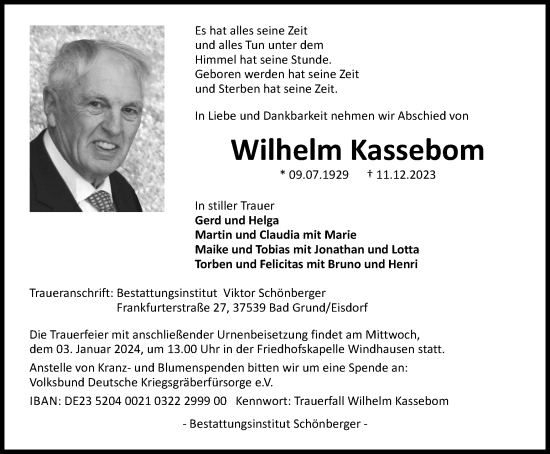 Traueranzeige von Wilhelm Kassebom von Harz Kurier