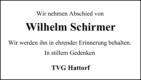 Traueranzeige von Wilhelm Schirmer von Harz Kurier