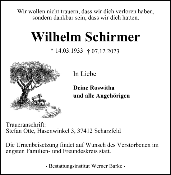 Traueranzeige von Wilhelm Schirmer von Harz Kurier
