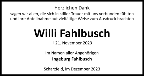 Traueranzeige von Willi Fahlbusch von Harz Kurier