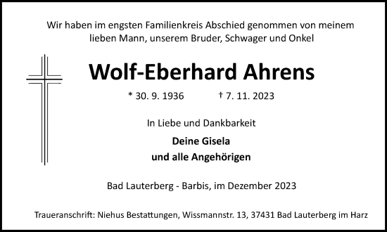 Traueranzeige von Wolf-Eberhard Ahrens von Harz Kurier