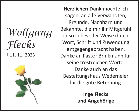 Traueranzeige von Wolfgang Flecks von Harz Kurier