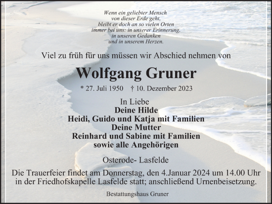 Traueranzeige von Wolfgang Gruner von Harz Kurier