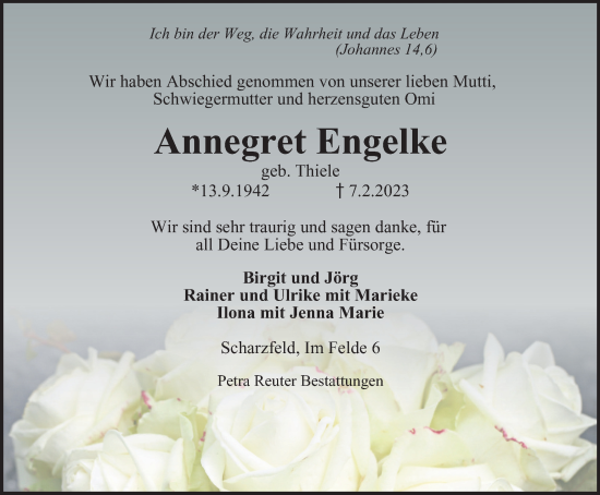 Traueranzeige von Annegret Engelke von Harz Kurier