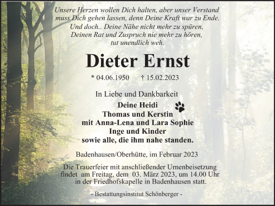 Traueranzeige von Dieter Ernst von Harz Kurier