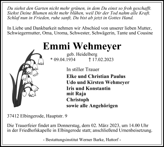 Traueranzeige von Emmi Wehmeyer von Harz Kurier