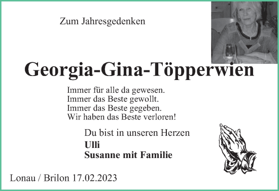Traueranzeige von Georgia-Gina Töpperwien von Harz Kurier