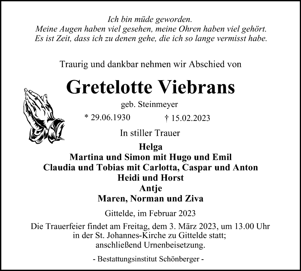  Traueranzeige für Gretelotte Viebrans vom 25.02.2023 aus Harz Kurier