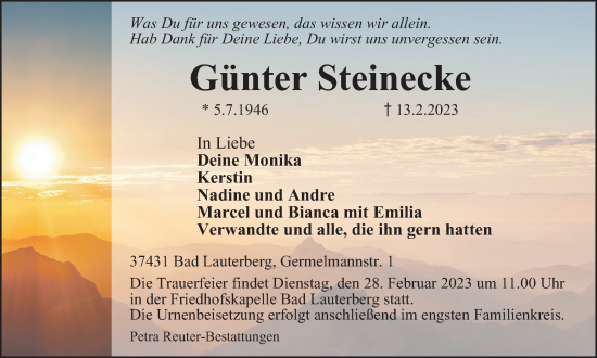 Traueranzeige von Günter Steinecke von Harz Kurier