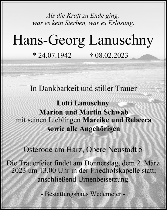 Traueranzeige von Hans-Georg Lanuschny von Harz Kurier