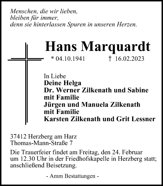 Traueranzeige von Hans Marquardt von Harz Kurier
