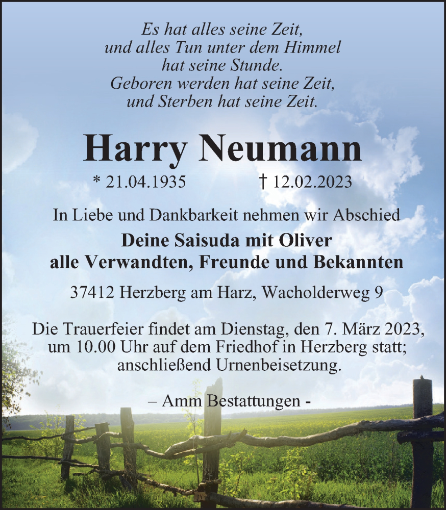  Traueranzeige für Harry Neumann vom 18.02.2023 aus Harz Kurier