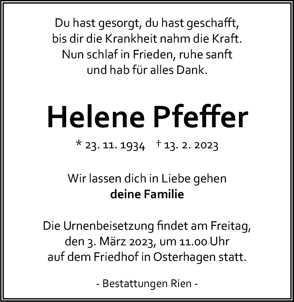  Traueranzeige für Helene Pfeffer vom 17.02.2023 aus Harz Kurier