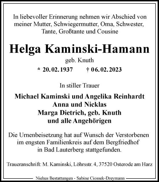 Traueranzeige von Helga Kaminski-Hamann von Harz Kurier