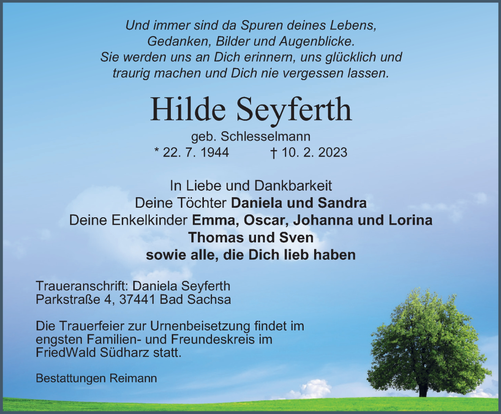  Traueranzeige für Hilde Seyferth vom 18.02.2023 aus Harz Kurier