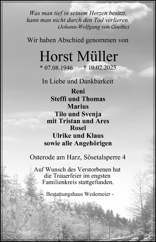 Traueranzeige von Horst Müller von Harz Kurier